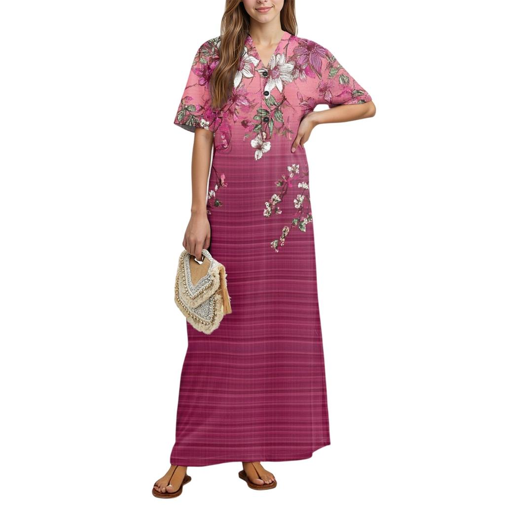 Women's Fashion Printed Nightgown Home Clothes Short Sleeve Nightgown With Pockets Long Dress