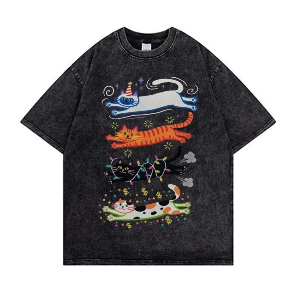 Vintage Washed Black Cat Toast T-Shirt Funny Bread Kitten Graphic Tee Oversized Streetwear Hip Hop Daily Wear Cool Top