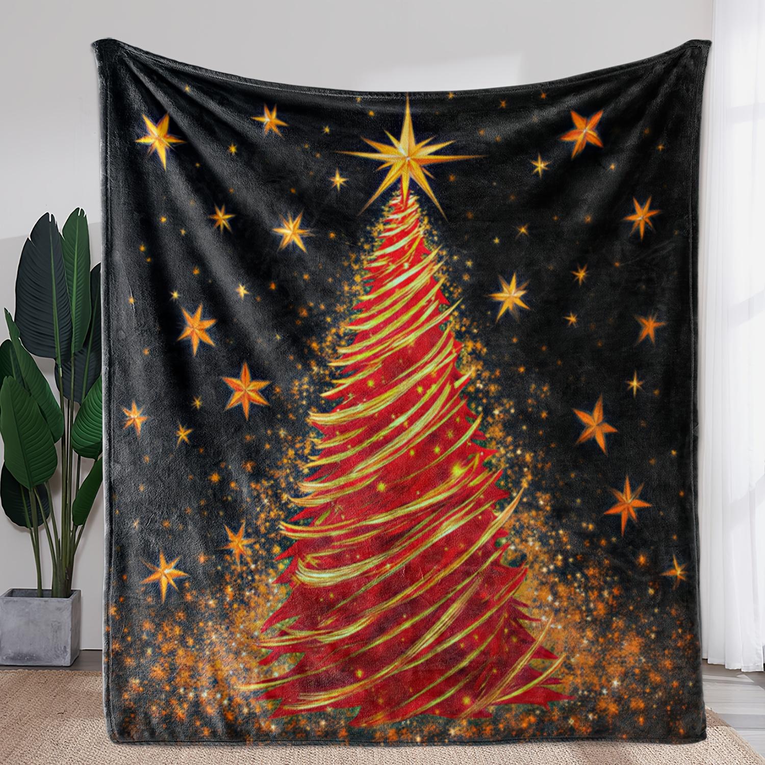 

1pc Zeal Lily Flannel Blanket - Red Christmas Tree & Golden Stars Print Soft Warm Throw - Luxury Flannel Sofa Bedspread, Car 80x120cm(31x47inch)
