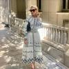 Retro Elegant Stand Collar Long Dress Women Pattern Print Belted Buckle Party Dress Autumn Long Sleeve A-Line Boho Dress