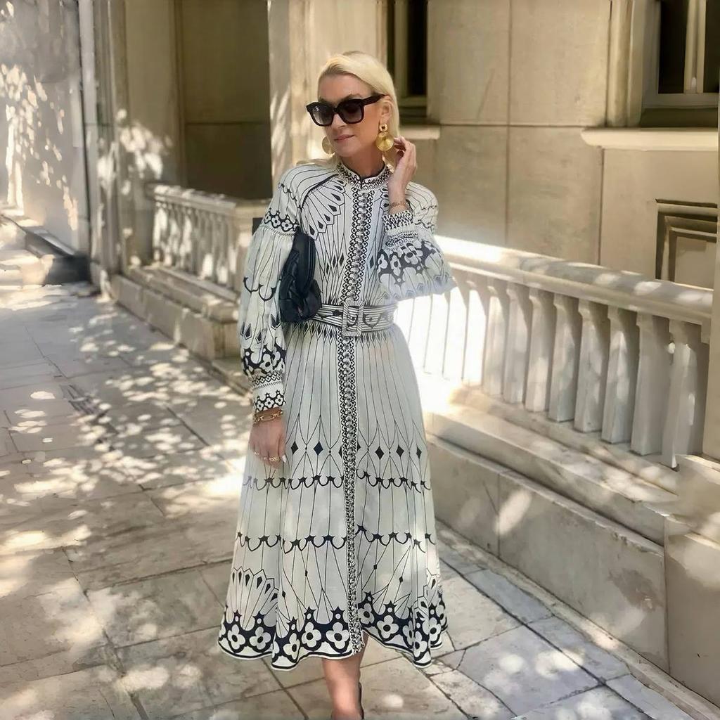 Retro Elegant Stand Collar Long Dress Women Pattern Print Belted Buckle Party Dress Autumn Long Sleeve A-Line Boho Dress