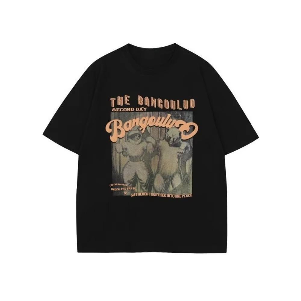Plus Size American Retro Street Style Printed Short-sleeved T-shirt Men's Summer Loose and Comfortable Short-sleeved Shirt