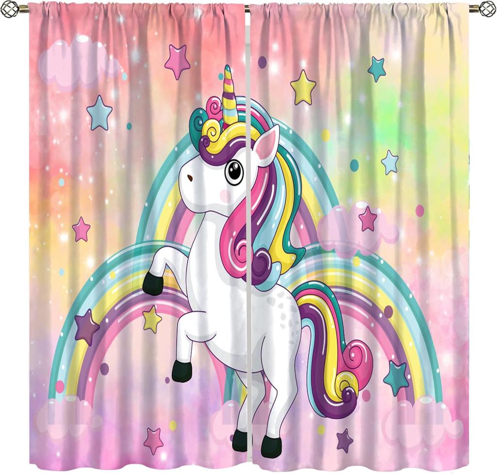 Rainbow Unicorn Bedroom Curtains Purple Pink Dream Universe Starry Sky Kids Living Room Window Treatments Made Of Polyester Treatment