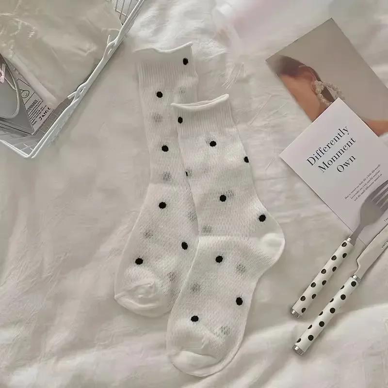 

Girls Gift Cute Kawaii Black White Ruffle Sox Fashion Women Polka Dot Socks Spring Summer Thin Female Dot Print Cotton Socks One Size білий