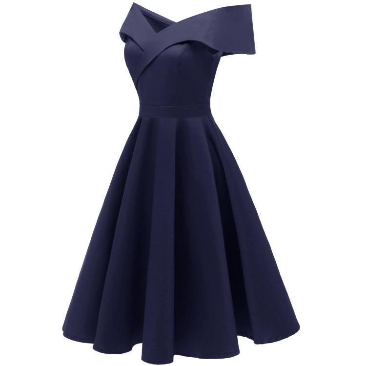 Vintage Off Shoulder Bardot Little Black Dress Women Sateen Skater Midi Prom Evening Party Cocktail Wedding Guest Classic Occasion Outfit
