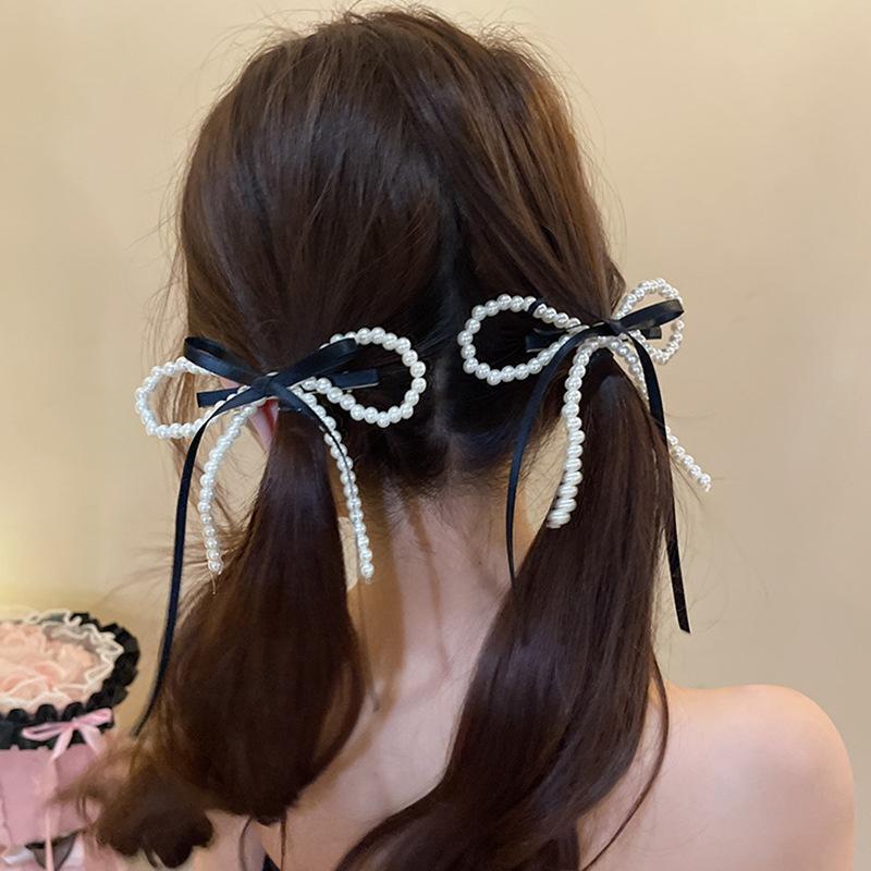 Fairy Bi Spare Ribbon Bowknot Pearl Barrettes Female Back Head 2024 New Arrival Girlish Style Side Clip Duckbill Clip