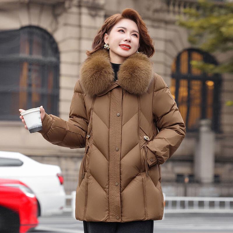 YAYA 2025 Winter Women's Mid-Length Down Jacket with Fox Fur Collar