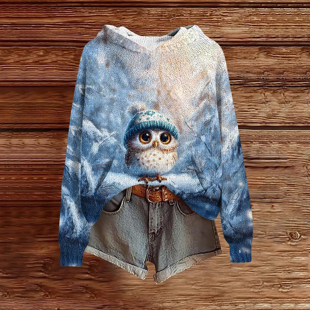 Women's Fashion Casual Long Sleeve Christmas Print Hooded Knitted Sweatshirt