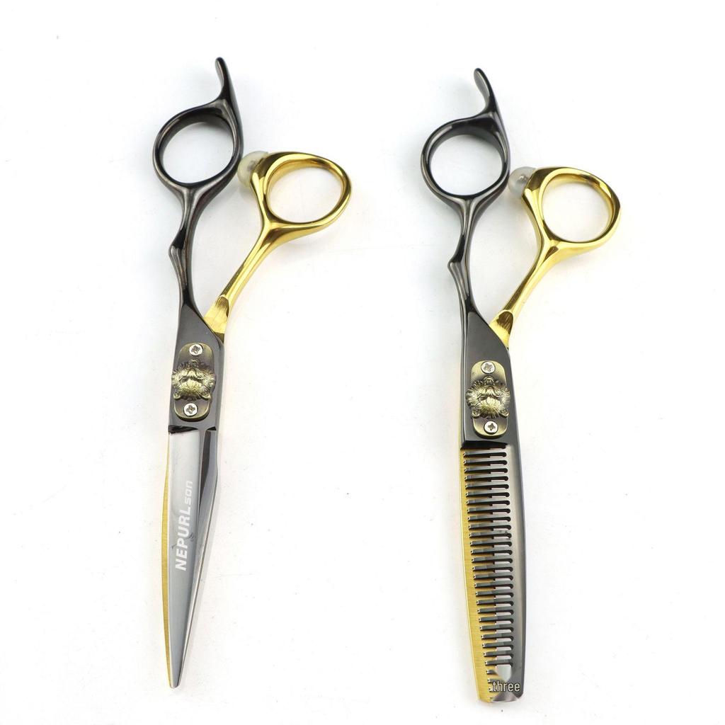 FCG-98 Black Gold Hairdressing Scissors: Tiger Head Cover, Straight & Serrated Shears, Thinning Shears for Salons