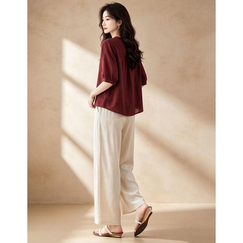 D.F.DEAR Women's Retro Mid-Sleeve Shirt & Wide-Leg Pants Set