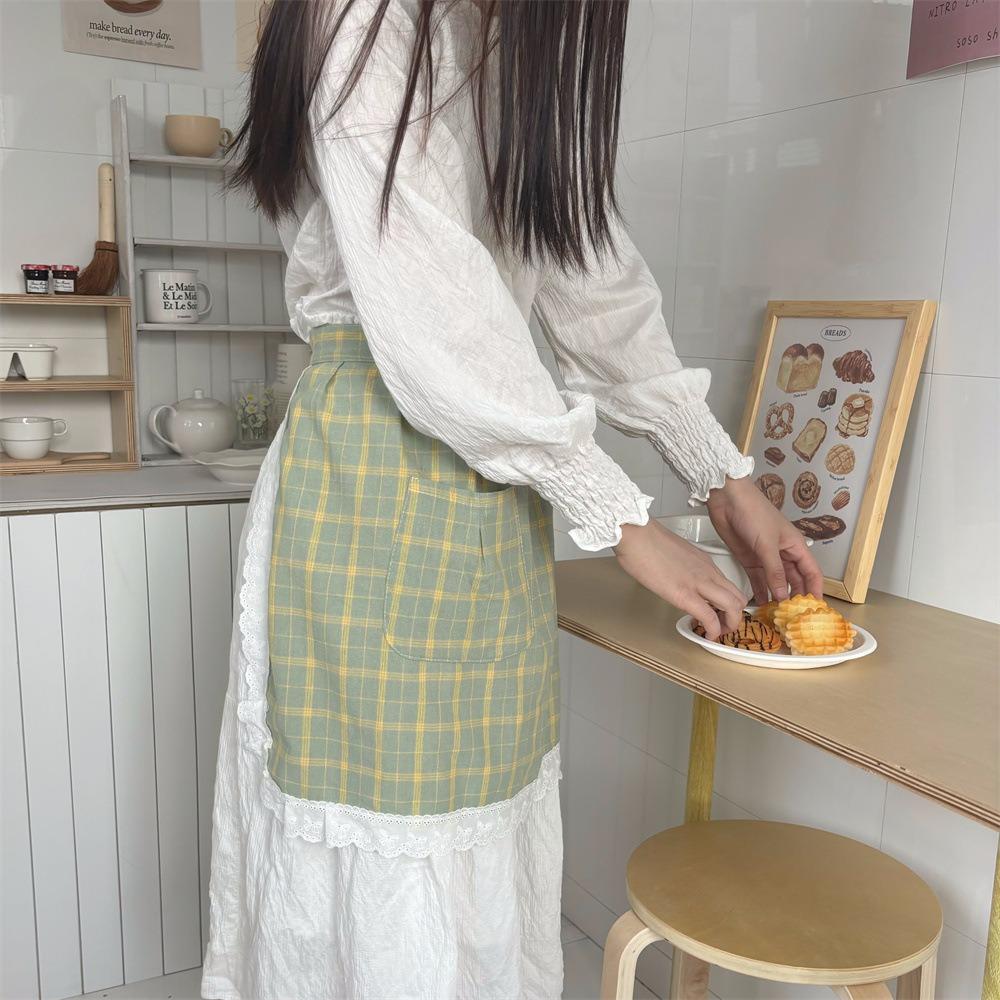 

Fashion Plaid Apron Cotton Waist Apron Art Studios Cooking Apron Barista Style B