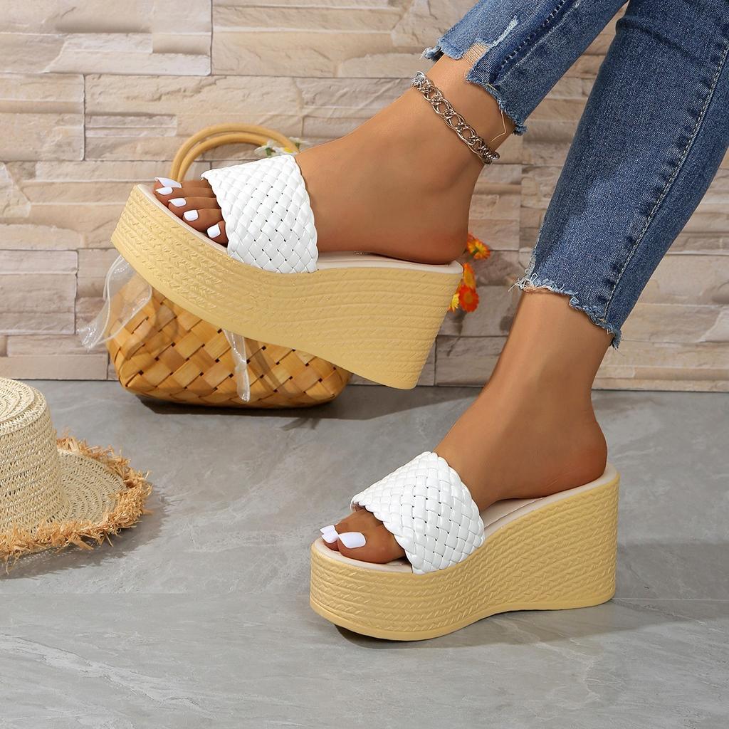 Woven Word with Muffin Slippers Women's Large Size Outer Wear Slope Heel Beach Cool Slippers Wish