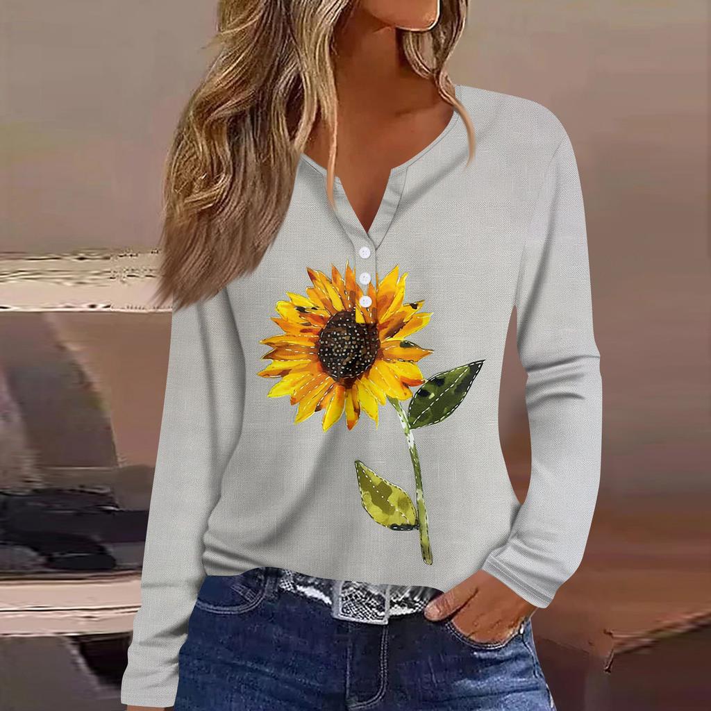 Dámská móda Ležérní květinový potisk Tričko s dlouhým rukávem, výstřihem do V, knoflíčkem, Top s dlouhým rukávem