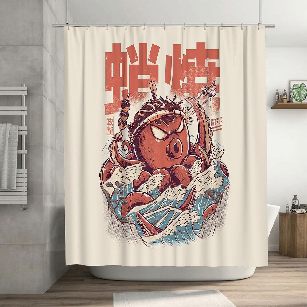 Japanese Octopus Shower Curtain Washoku Ramen Seafood Decor Bathroom Art Washoku Shower Liner Japanese Style Home Decor Japandi