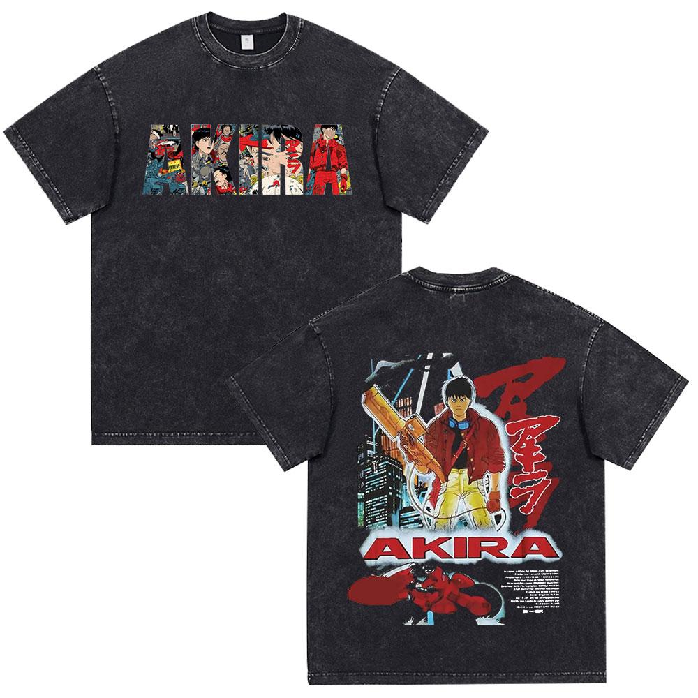 Anime Akira Vintage Washed T Shirt 90s Science Fiction Movie Shotaro Kaneda Short Sleeve T Shirts Cotton Casual Loose T-shirts