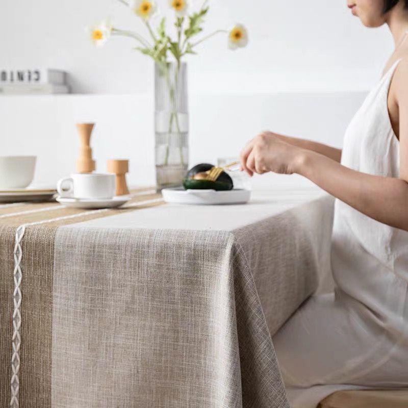 Šedobéžový dekorativní lněný pruhovaný ubrus s krajkou, voděodolný, silný, obdélníkový, bytový, na jídelní stůl, čajová utěrka