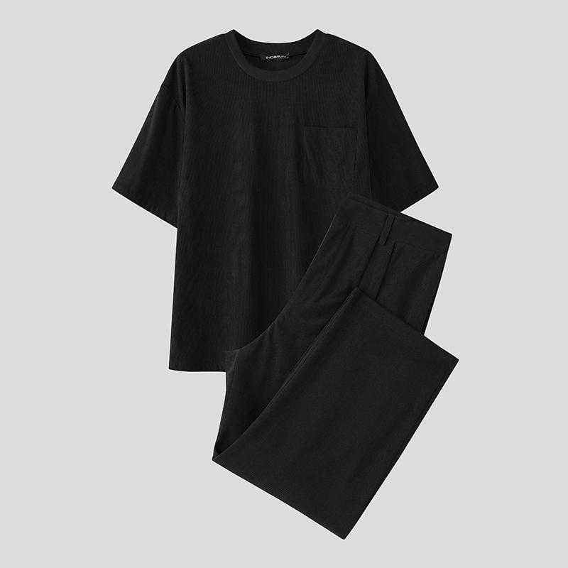 INCERUN Two Pieces Outfits Men Lapel Neck Corduroy Short Sleeve T-Shirt Long Harem Pants Sets