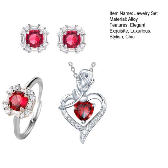 Red Zircon Love Heart Jewelry Set Rhinestone Necklace Stud Earrings Ring Set Romantic Accessories for Birthday Valentine's Day Gift