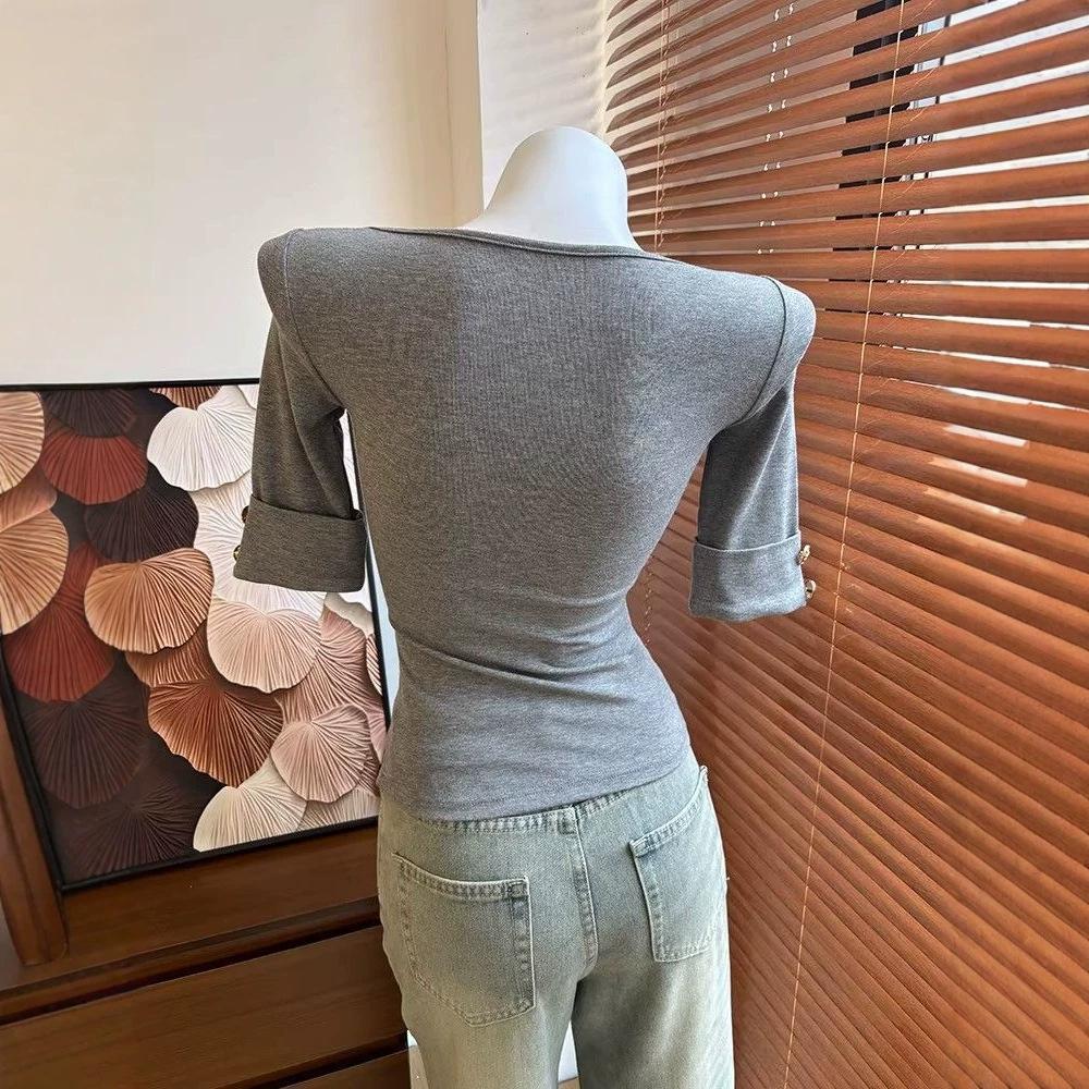 Pure Luxury Square Neck Button Five-Sleeve T-Shirt Women's Summer Sexy Slim Skinny Small Fragrant Bottom Top