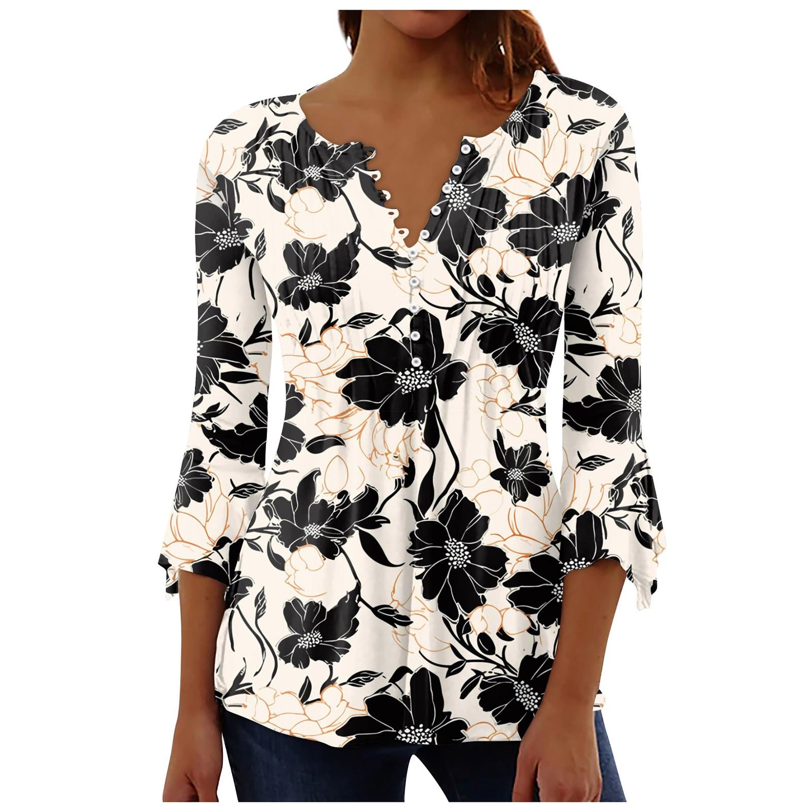 

Women s Button Up Shirt Floral Print Top Summer Casual 3/4 Sleeve V Neck Blouse S чорний