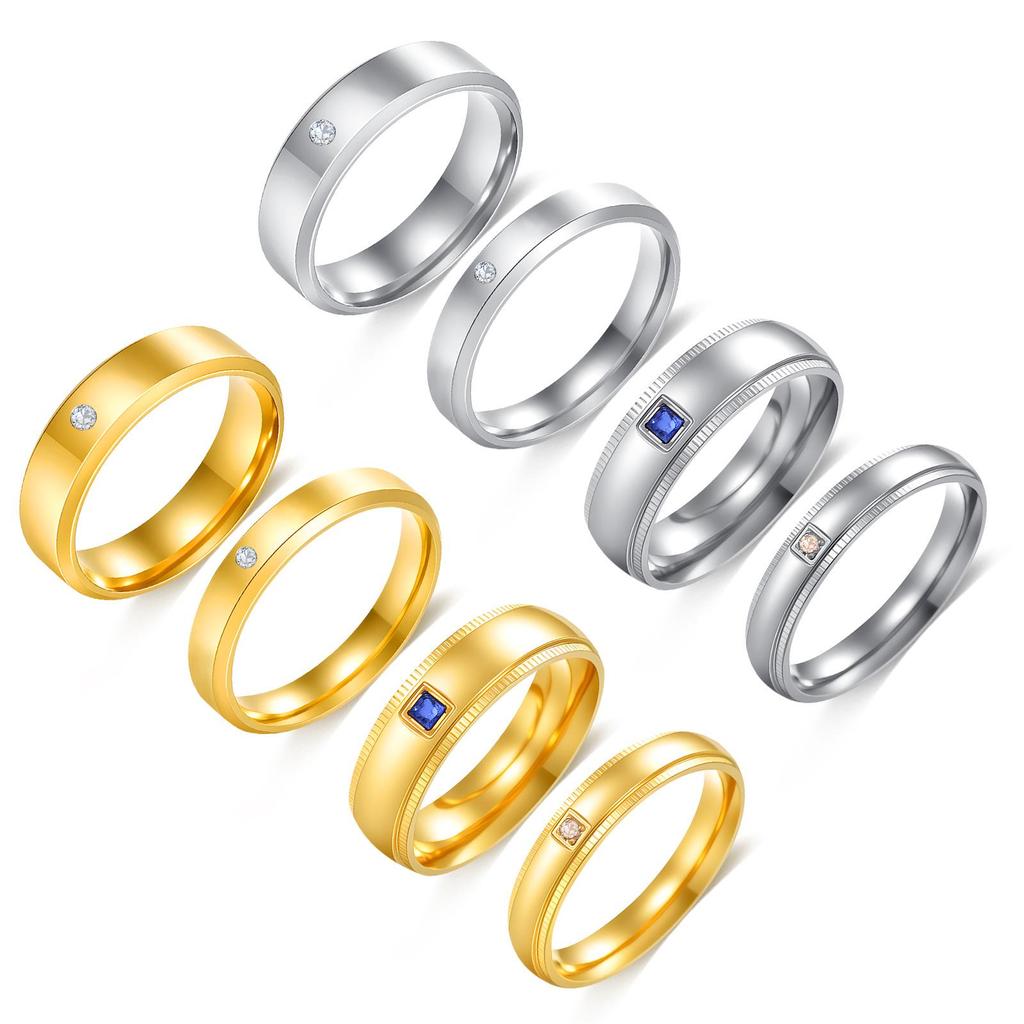 European & American Simple Diamond-Inlaid Stainless Steel Couple Ring Set