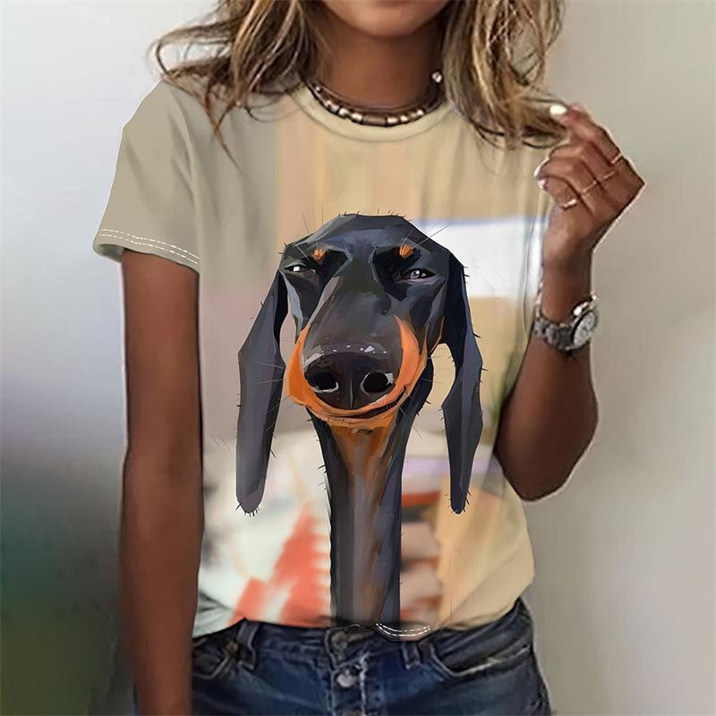 Tägliches Rundhals-Sommer-Damen-T-Shirt mit kurzen Ärmeln, 3D-Druck, kleiner Hund, lässiges T-Shirt