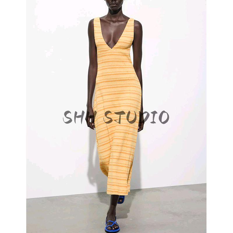 Summer New Product Women's Clothes French Style Vacation Style V Neck Sleeveless A- Line Hem Midi Skirt Dress 5584222