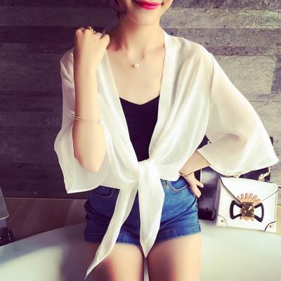 Summer Fashion Women Chiffon Sunscreen Shirts V Neck Cardigans Elegant Casual Simple Tops Women's Black White Shawl Short Jacket Beach Clothing