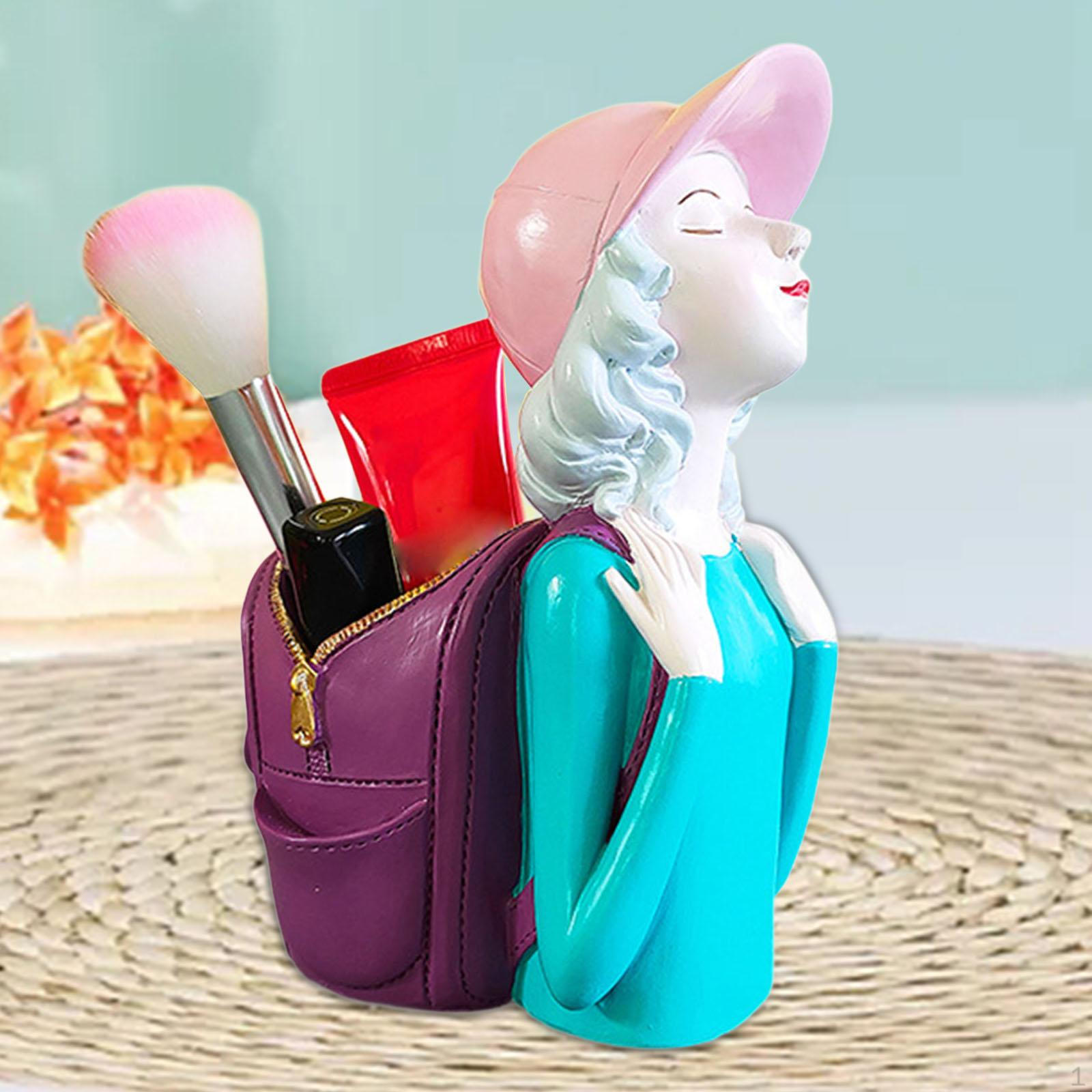 

Girl Figurine Brushes Holder Shape Makeup Brush Ornament Statue for синий