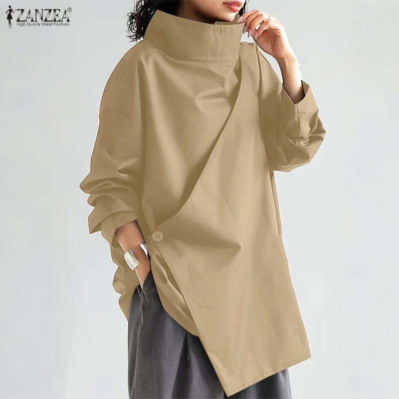 ZANZEA Women Casual Stand Collar Loose Long Sleeve Blouse