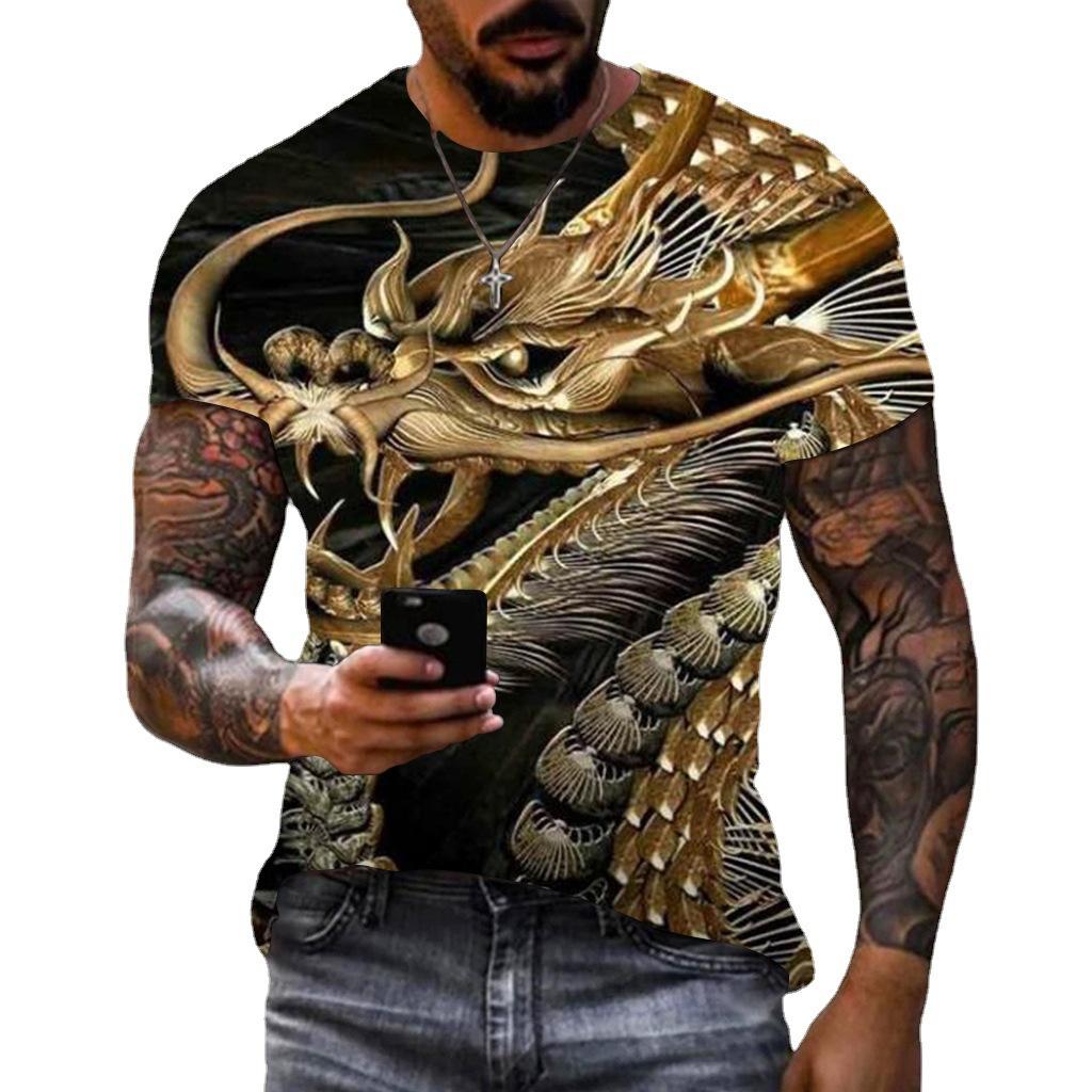 Summer Round Neck 3D Dragon Print Top Fashionable Casual Short Sleeved Men's T-shirts