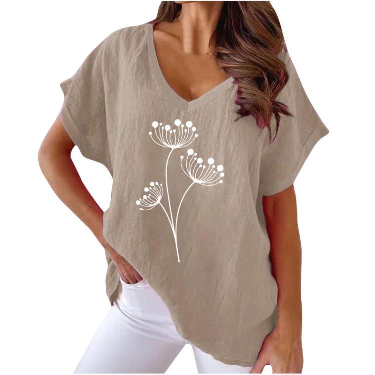 Summer Women's Casual V Neck Cotton Linen Tshirt with Floral Print European American Style