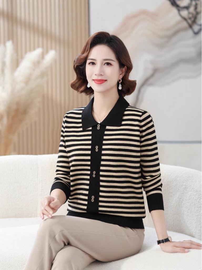 Elegant Women's Striped Knit Sweater with Turn-Down Collar - Versatile Fall Fashion for Moms
