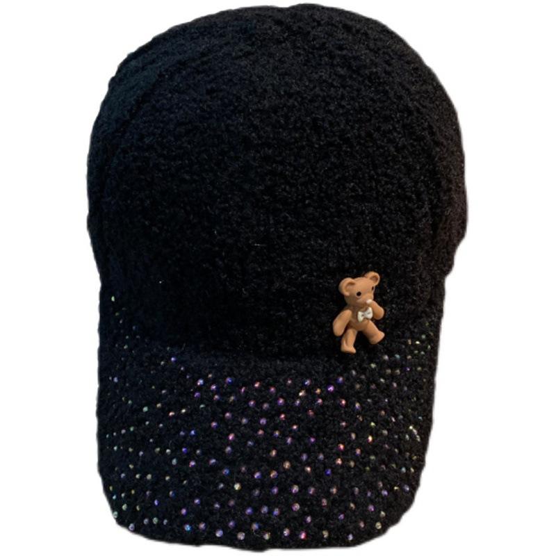 Korean Autumn and Winter Fashion Diamond Brim Plush Baseball Hat Korean Style Cute Little Bear Warm Baseball Cap Trendy