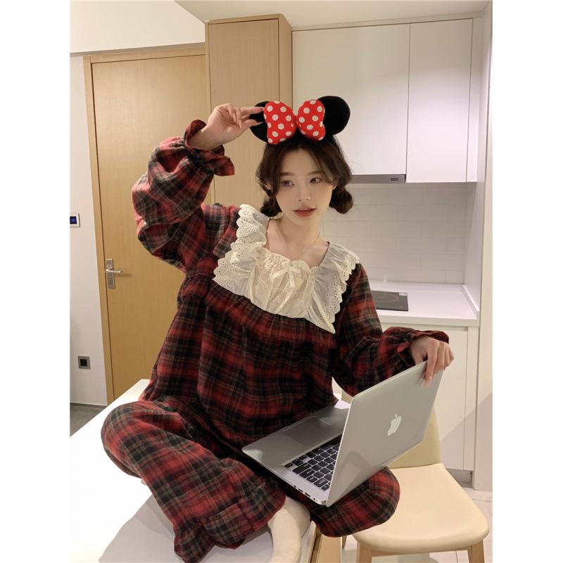 Korean Style Plaid Lace Couple Homewear Set - Autumn/Winter