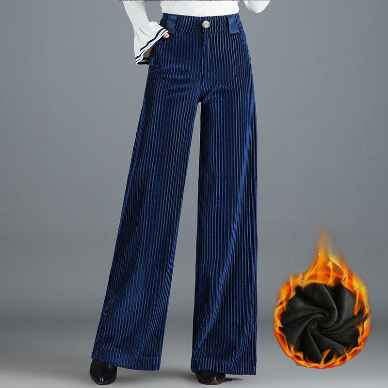 

Осінньо-зимові штани з плюшу з оксамитом для жінок, однотонні, з кишенями, на блискавці, з високою посадкою, модні, повної довжини, широкі штанини M