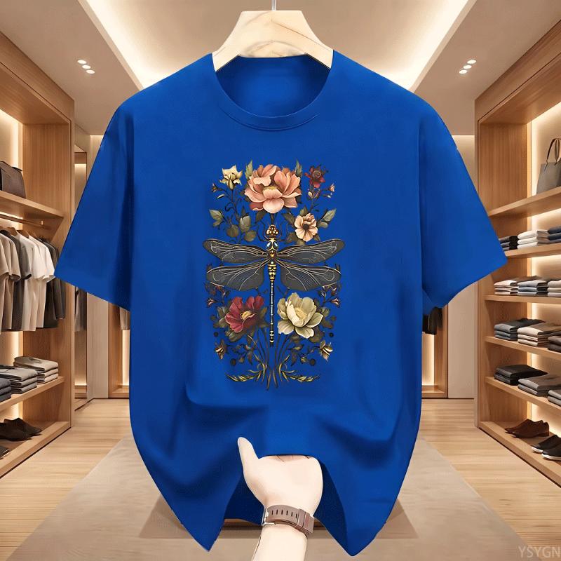 Vintage Summer Dragonfly TShirt Unisex Boho Floral Cottagecore Botanical Print T Shirts Casual Round Neck Cotton Short Sleeve Tops