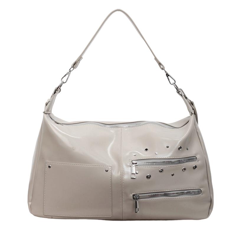 Glossy Faux Leather Shoulder Bag with Multiple Zipper Pockets Women's Fashion Handbag Large Capacity