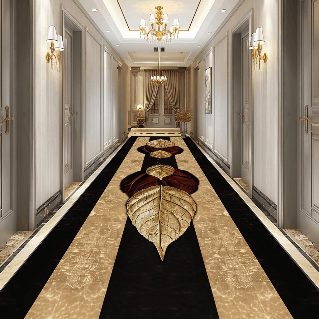 Luxury 3D Golden Leaf Pattern Long Corridor Carpet Room Decoration Hallway Rug Non-slip Hotel Runner Carpets Stairway Floor Mat
