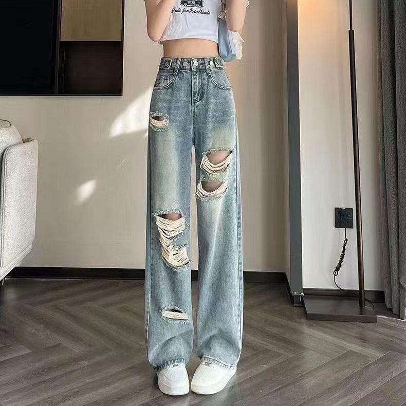 Women's Plus Size High Waist Ripped Jeans, Spring 2025 - Wide Leg, Floor Length, Straight Fit