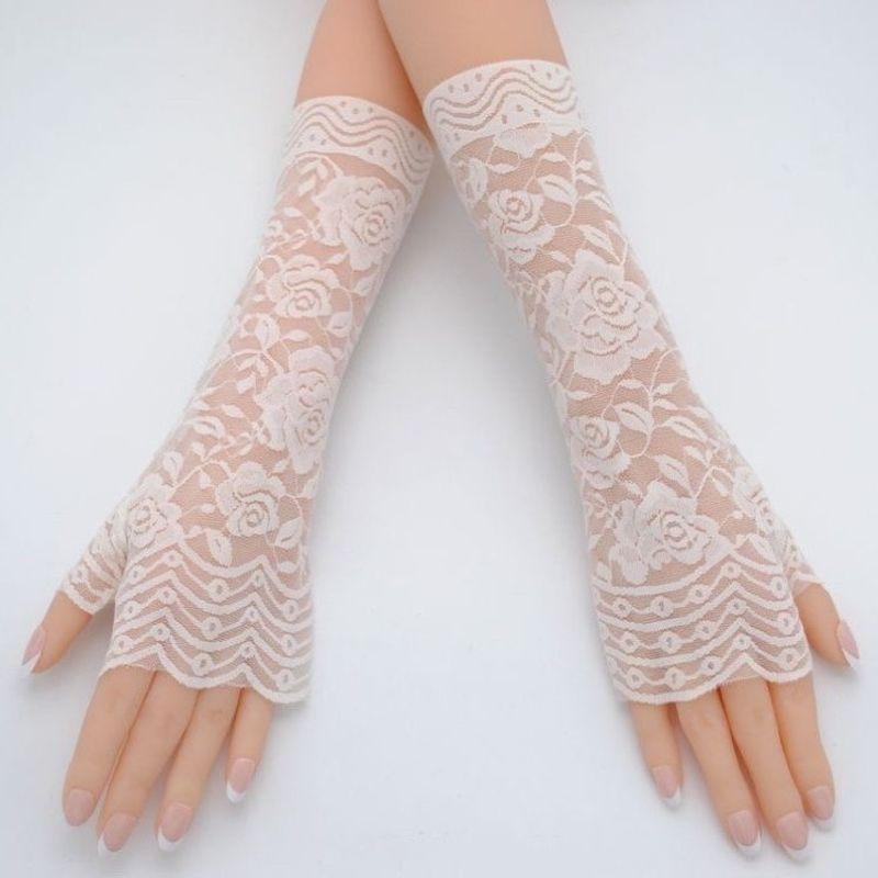 

Lace Sun Protection Half Finger Gloves for Women Summer Breathable Cool Scar Covering Tattoo Driving Thin Outdoor Sexy Elegance Rose 25cm long white All yards