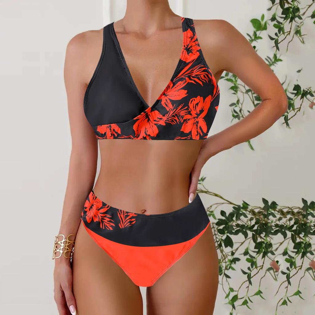 Women's Halter Two Colored Flowers Print Bikini Tankini Swimsuit