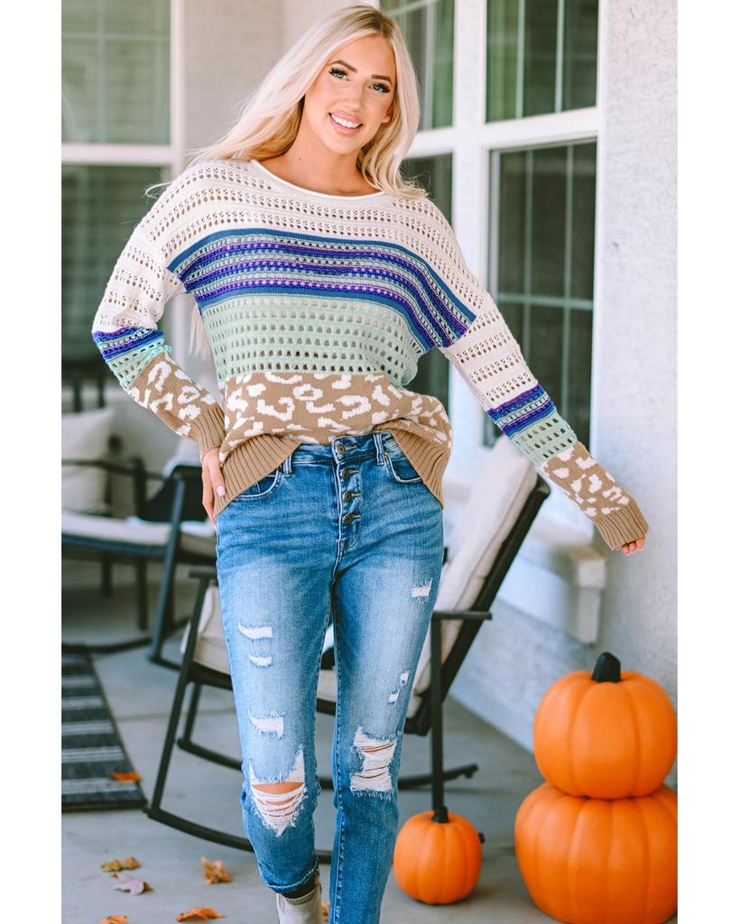 Azura Exchange Leopard Striped Mix Pattern Knit Crochet Sweater
