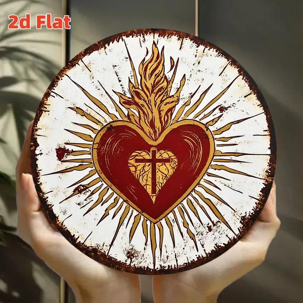 Sacred Heart in Flames Aluminum SignVintage Gold Fire Red Ribbon Design Durable IndoorOutdoor Wall Art for HomeCafe Garage