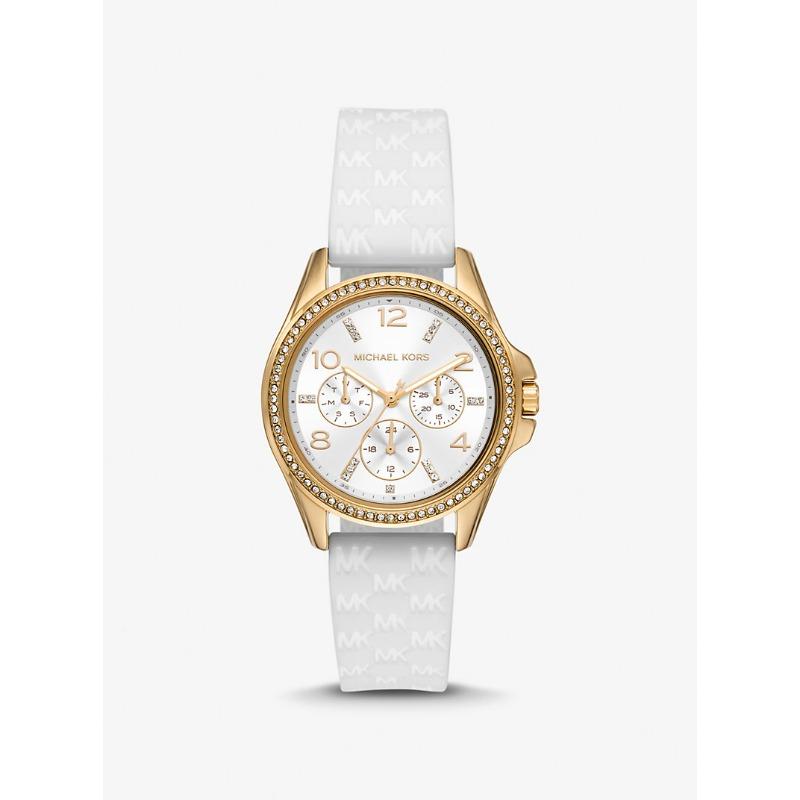 

Мини-часы Michael Kors Pilot с паве, золотистого тона, с логотипом, на силиконовом ремешке, MK7372 белый