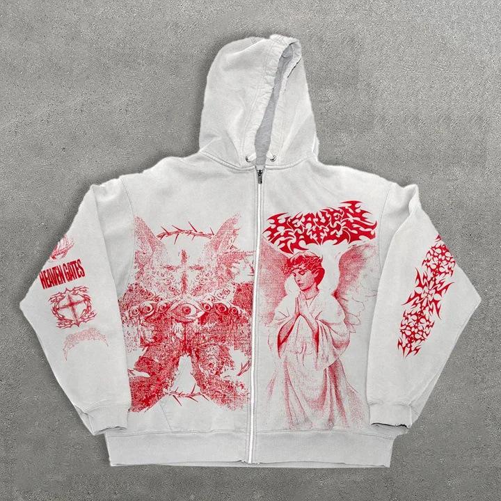 Unisex Angel Print Zipper Hoodie - Y2K Retro Style (Autumn/Winter Collection)