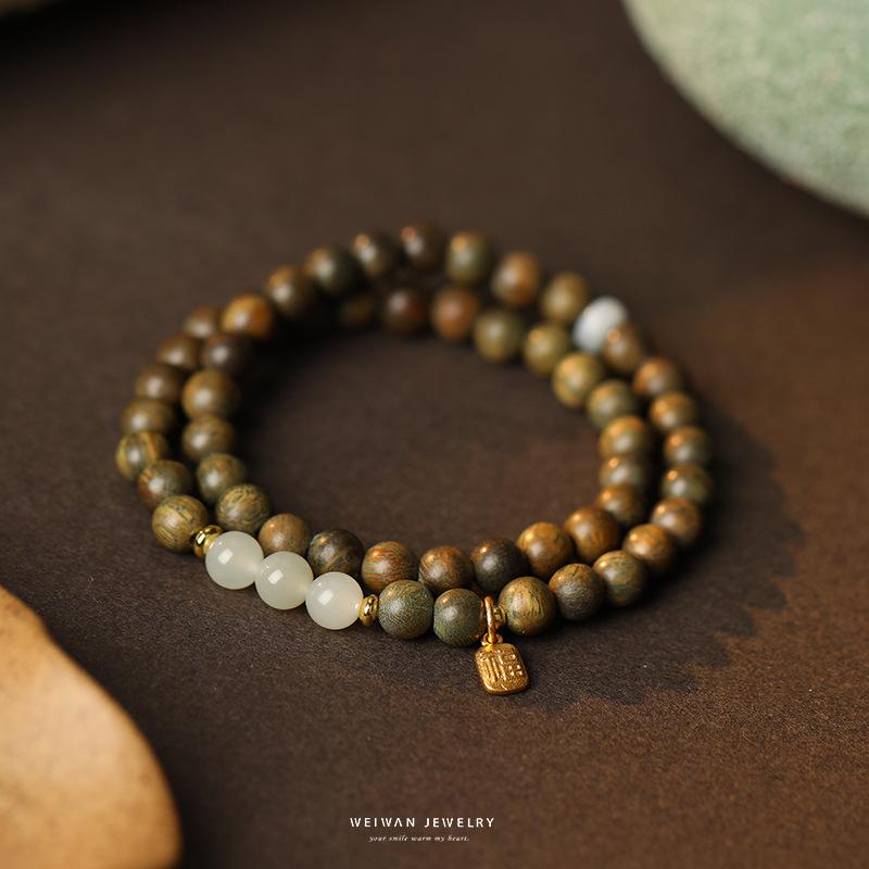 Tan Wangqing Natural Green Sandalwood & Hetian Jade Silver Bracelet - New Chinese Ancient Style Gift for Women