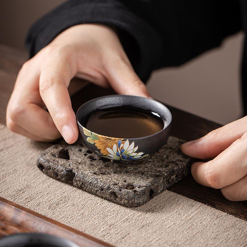Kiln turned silver black stamping relief craft tea cup Goupin cup antique ceramic master cup tea cup Kung Fu tea set