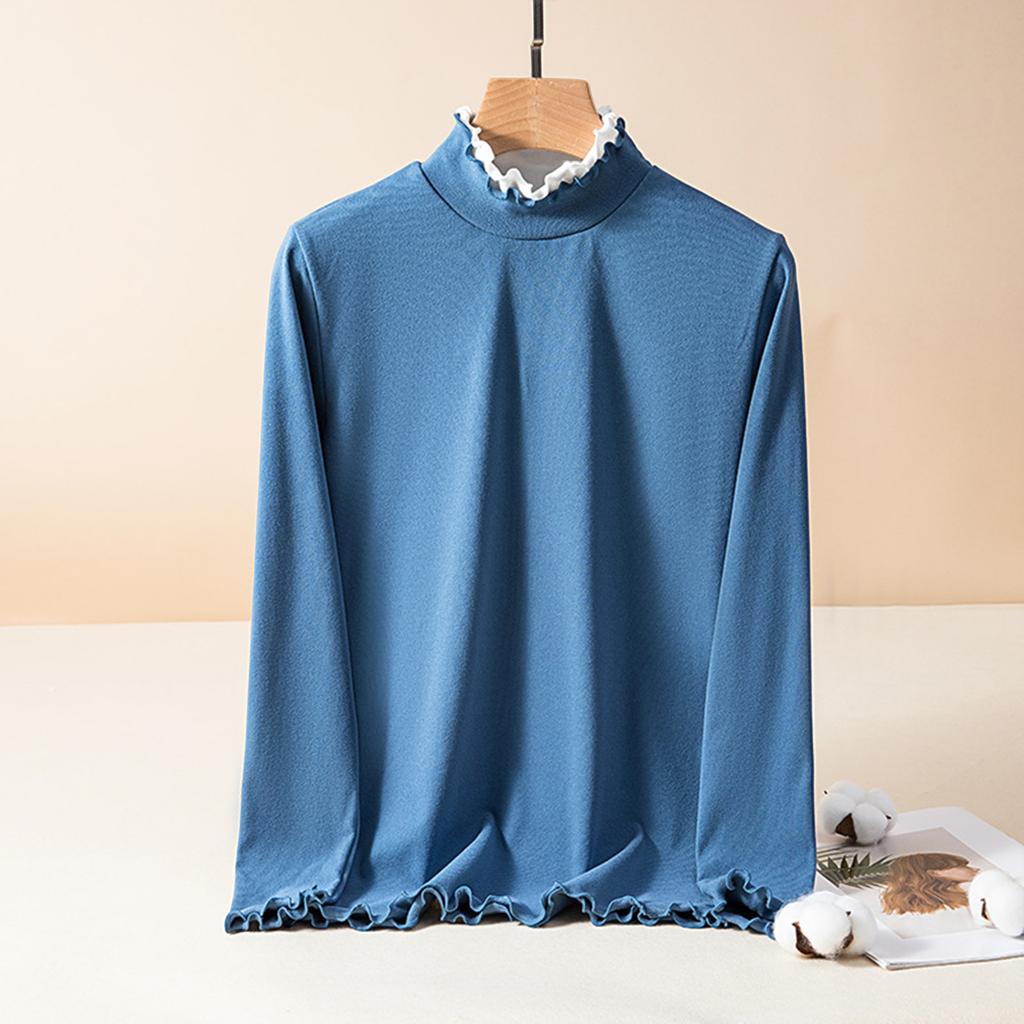 Ladies' Slim Fit Pullover Shirt With Lace Collar, Black Fungus Edge, German Velvet Long Sleeved Base, Top