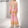 BITCED Damen Frühjahrskollektion: Eleganter Homewear-Stil Bedrucktes Langarm-Oberteil und Hose Lässiges Mode-Set